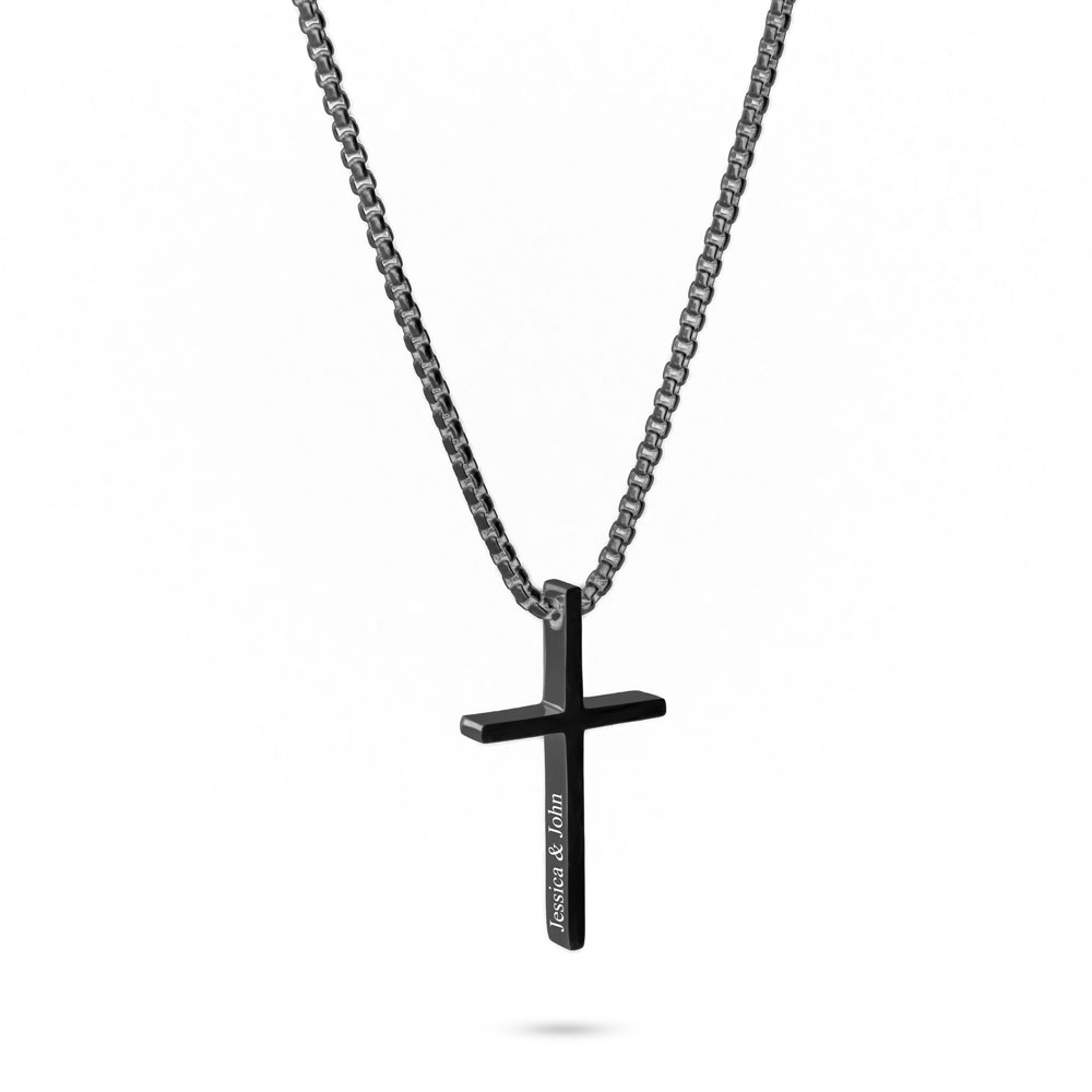 Engraved Black Cross Necklace for Him