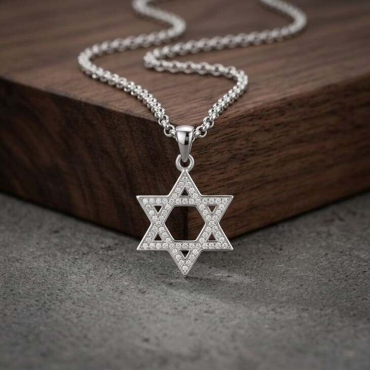 Modelo moderno luciendo el collar Mini Judaica Estrella de David con circonitas brillantes, resaltando su atractivo.