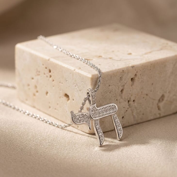 Sparkling Cubic Zirconia Chai Necklace in silver, elegantly resting on a textured surface