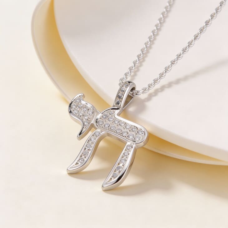 Model elegantly displays the Handmade Hebrew Chai Necklace with Zircons on a soft background.