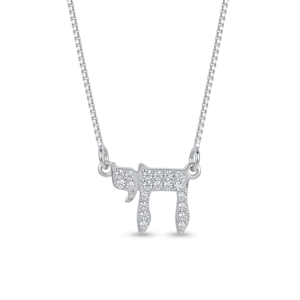 Classic Chai Pendant with Zirconia Stones - Sterling Silver