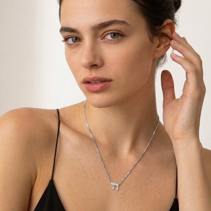 Model elegantly wearing the Classic Chai Pendant necklace, showcasing its refined design
