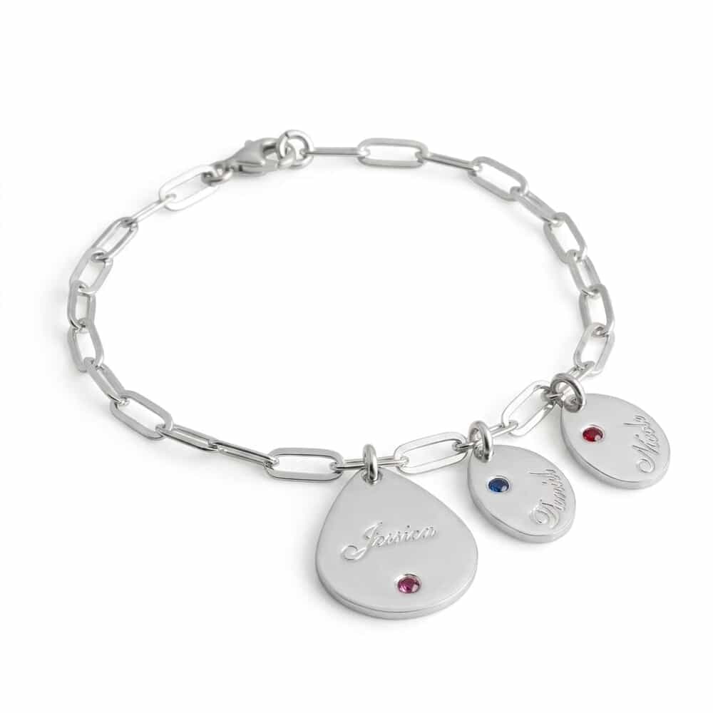 Personalized Mother's Birthstone Drop Charm Bracelet with Kids' Names - Sterling Silver