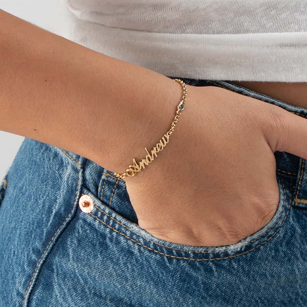 Personalized Name Bracelet with Birthstone Charm on a model - 2