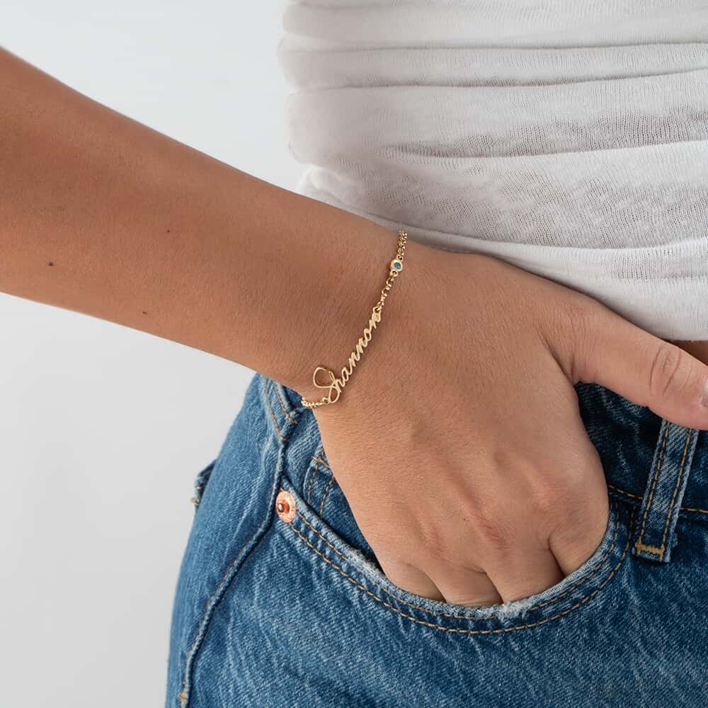 Personalized Dainty Name Bracelet with Birthstone Charm