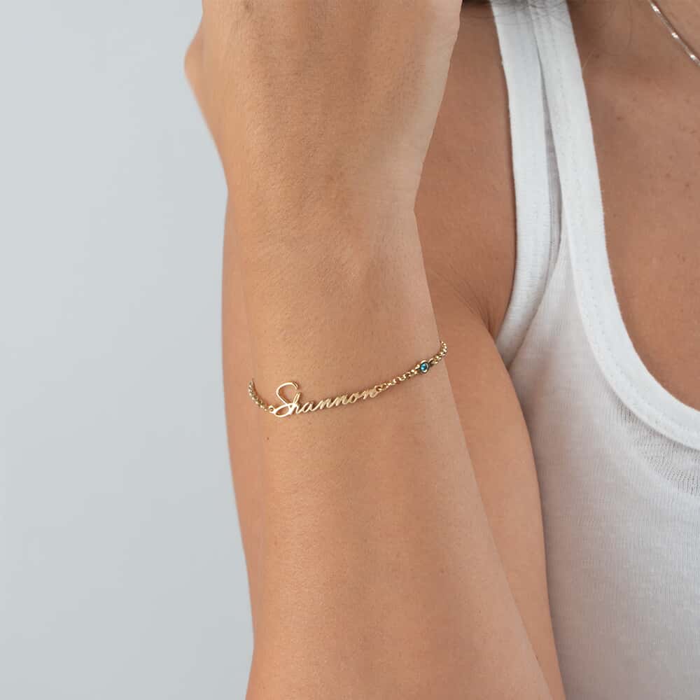Personalized Dainty Name Bracelet with Birthstone Charm