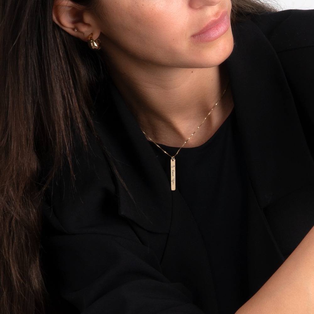 Vertical Bar Necklace with Custom Handwriting Engraving on a model