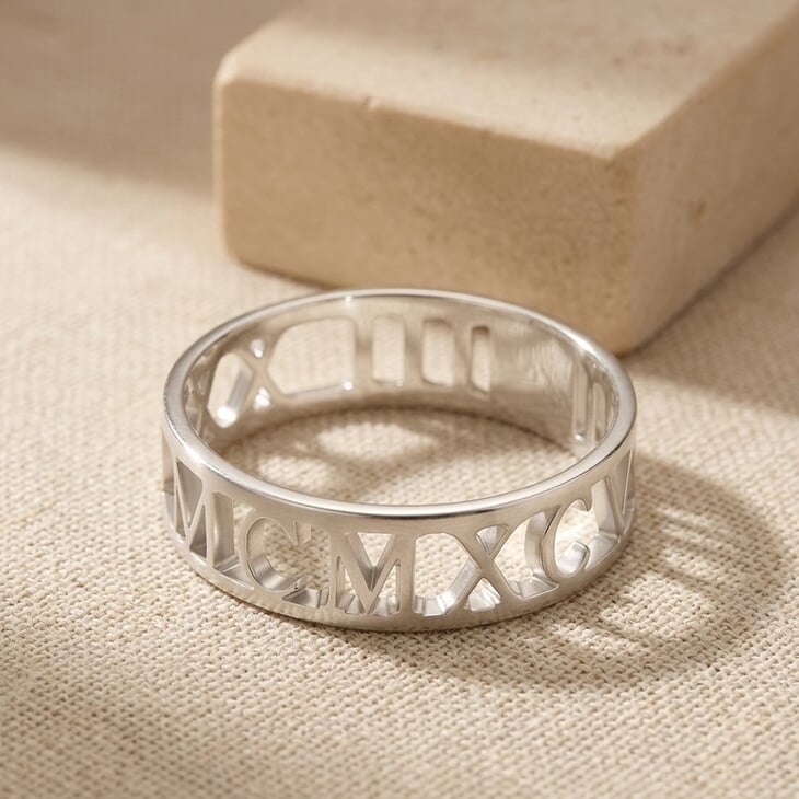 Close-up detail of a Mens Roman Numeral Ring emphasizing the artistic numeral cutouts