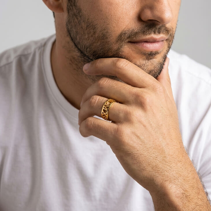 Man posing with hand on chin, highlighting a Custom Men's Roman Numeral Ring on his finger