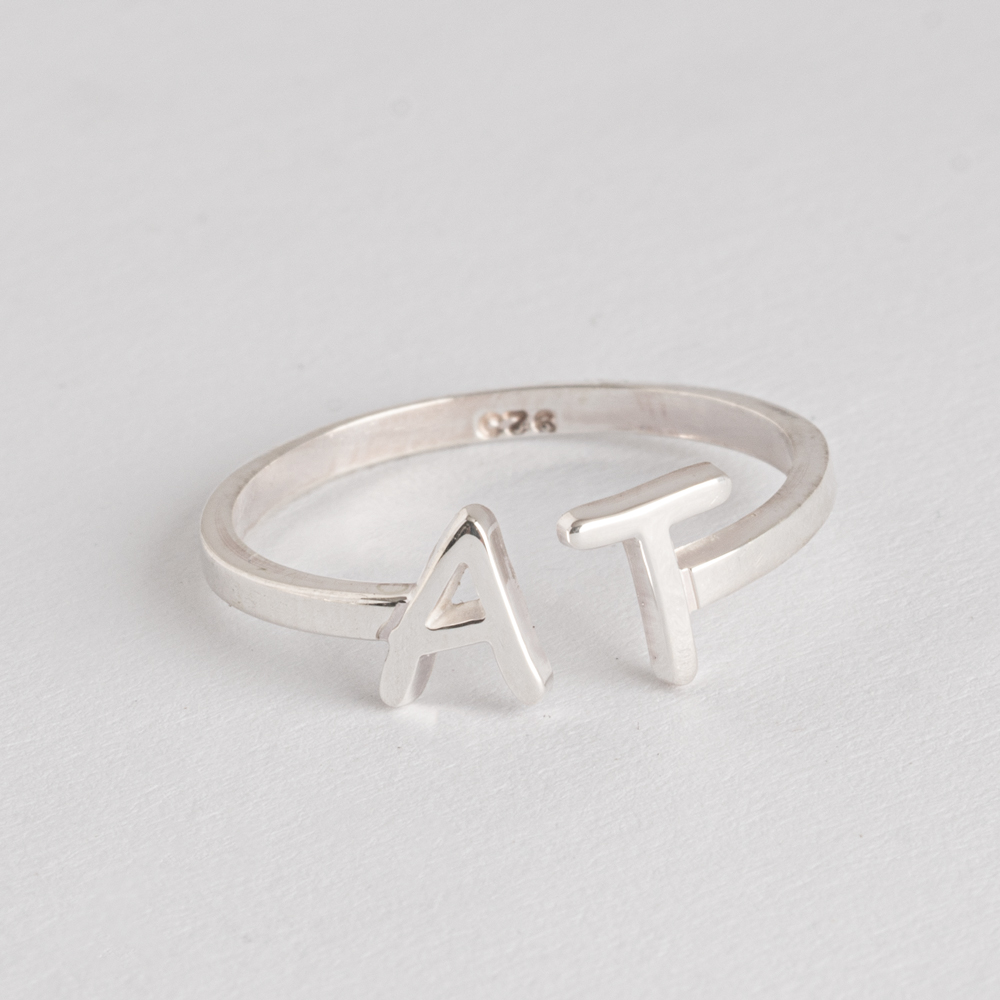 Dainty Double Initial Open Ring on a model