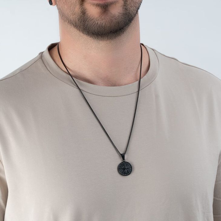 Custom Black Compass Necklace For Men