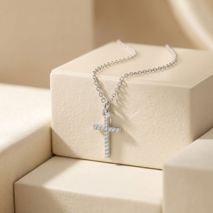 Collar Petite Cruz Zircon en plata con un pequeño colgante de cruz brillante
