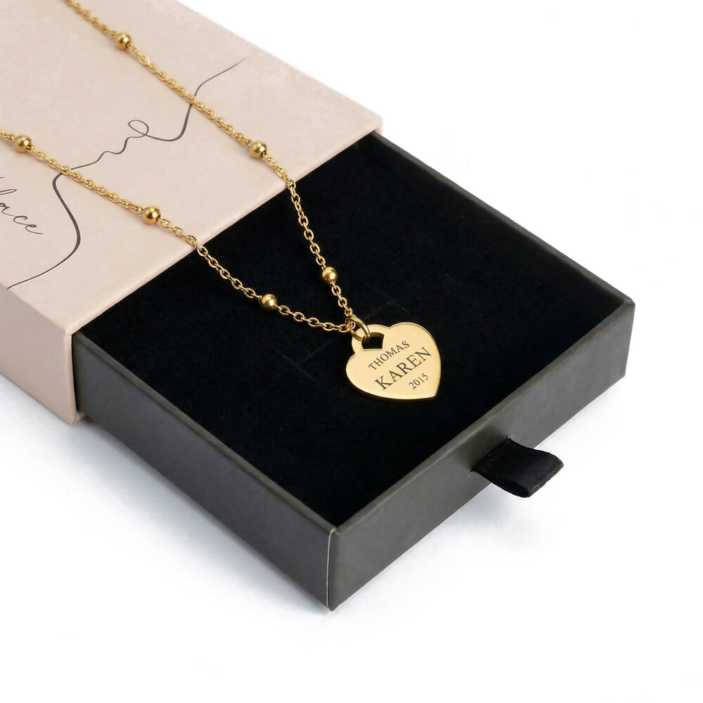 Custom Engraving Beaded Chain Heart Necklace 