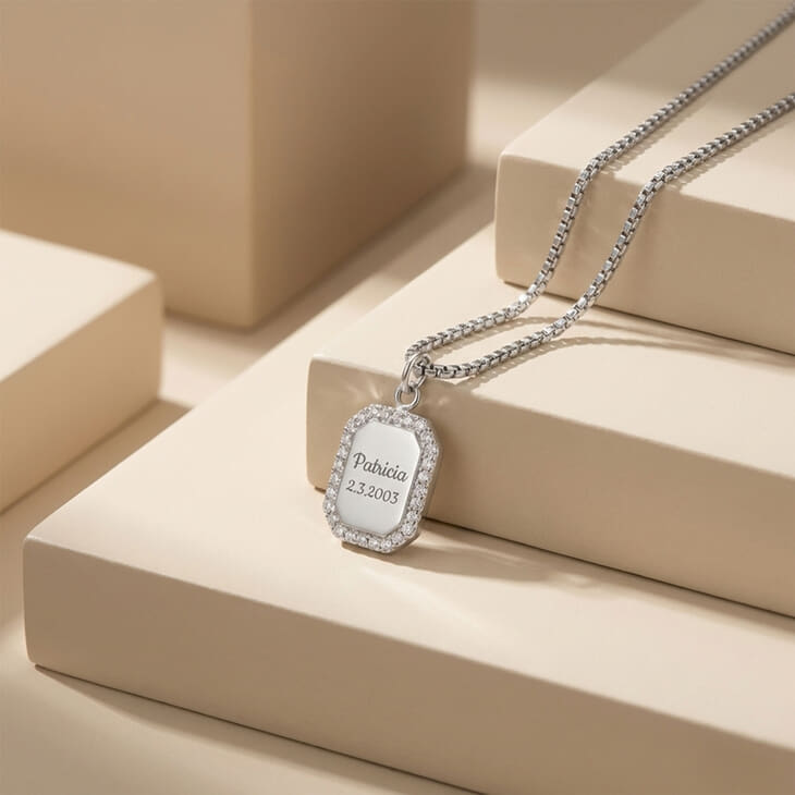 Silver cubic zirconia framed pendant necklace personalized with 