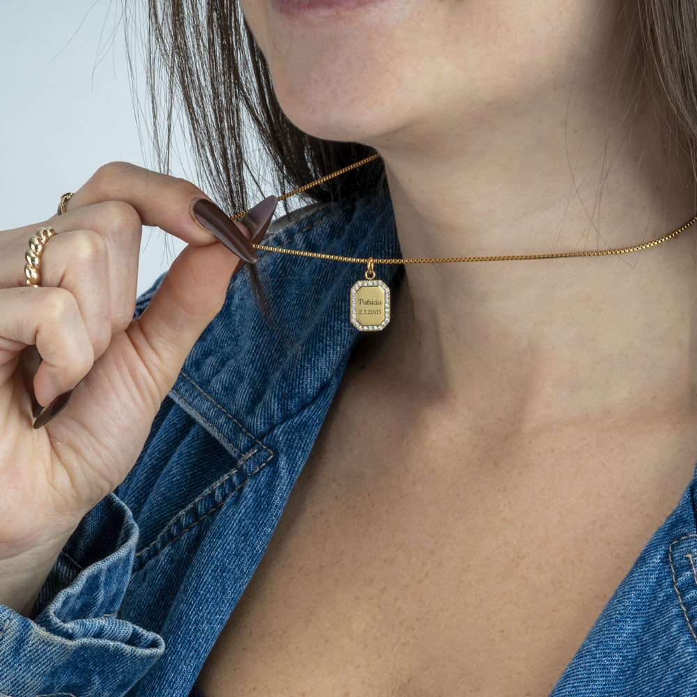 Custom Cubic Zirconia Halo Frame Pendant on a model - 2