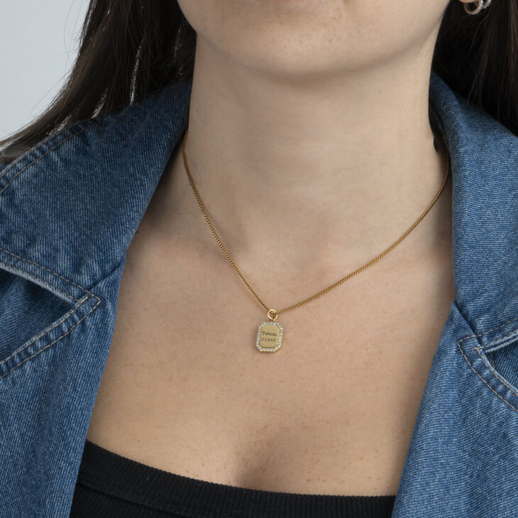 Custom Cubic Zirconia Halo Frame Pendant on a model 3