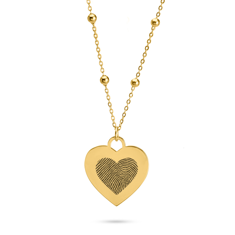 Engraved Fingerprint Heart Necklace with Beaded Chain