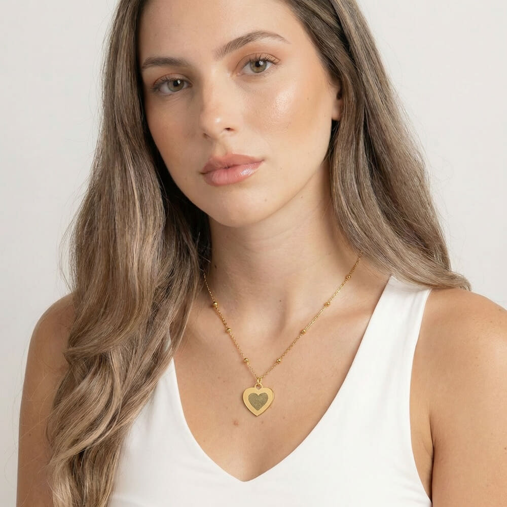 Engraved Fingerprint Heart Necklace with Beaded Chain