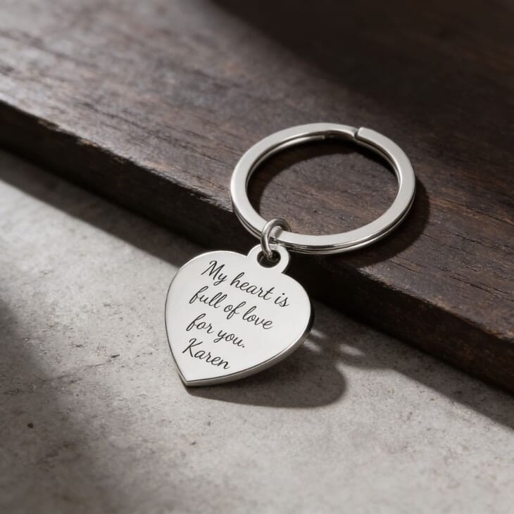 Llave en forma de corazón grabada en plata sobre una superficie de madera.