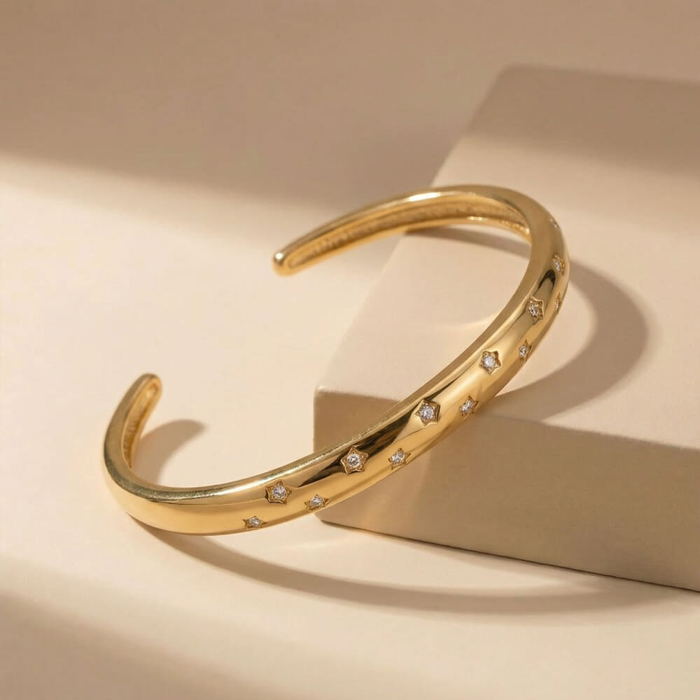Celestial Star Cubic Zirconia Open Cuff Bracelet on a model