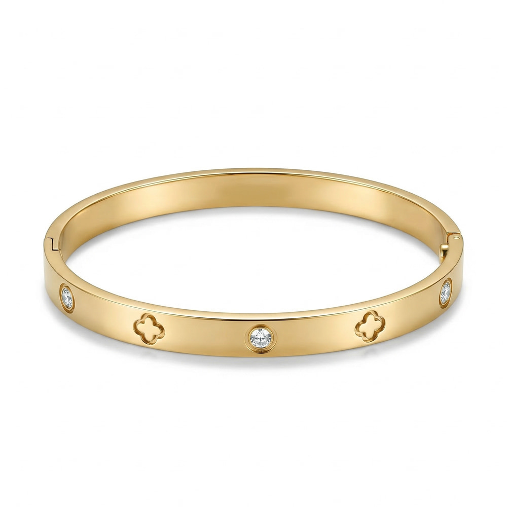 Elegant Clover Zircon Bangle Bracelet on a model - 2