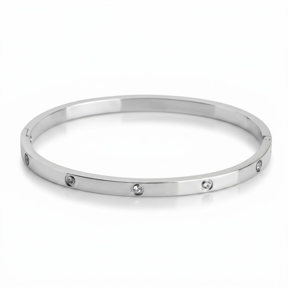 Minimalist Bangle Bracelet with Cubic Zirconia - Silver