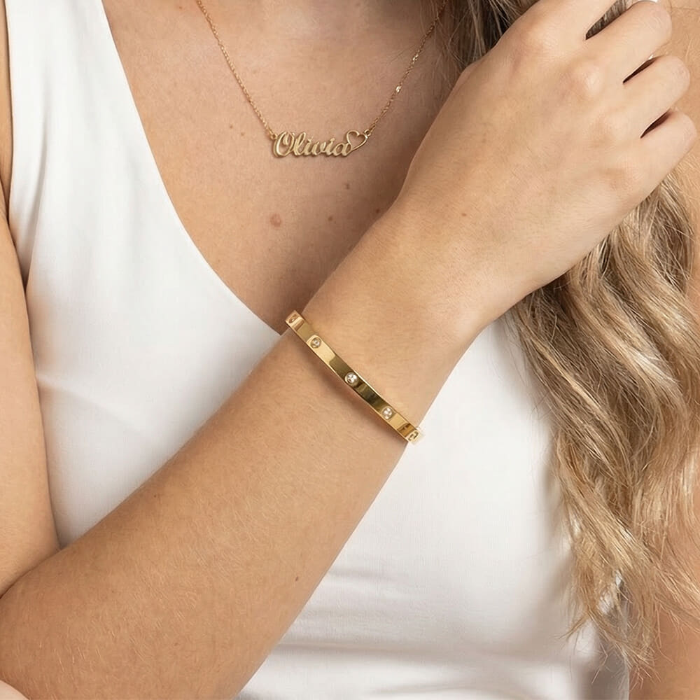 Minimalist Bangle Bracelet with Cubic Zirconia on a model