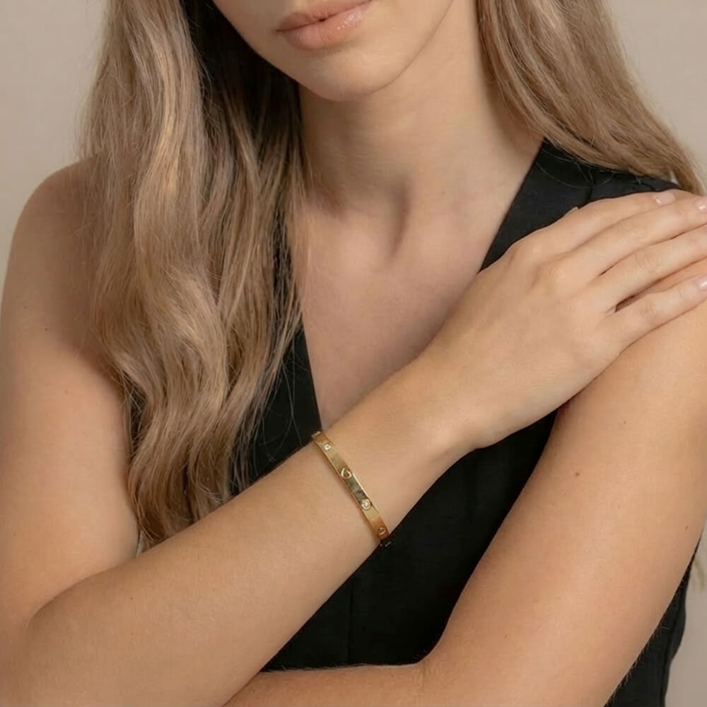 Heart Bezel Cubic Zirconia Bangle Bracelet on a model