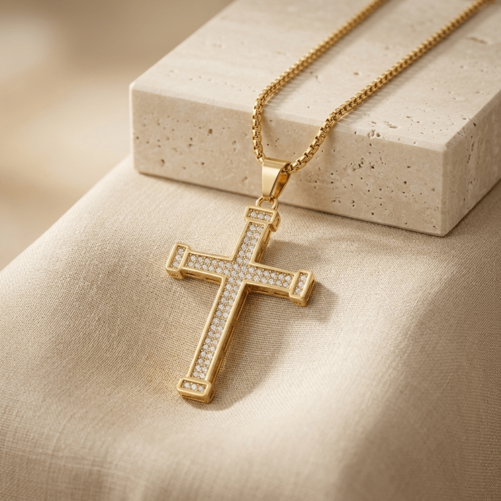 Large Zircon Cross Necklace in gold with sparkling zirconia on a soft fabric backdrop