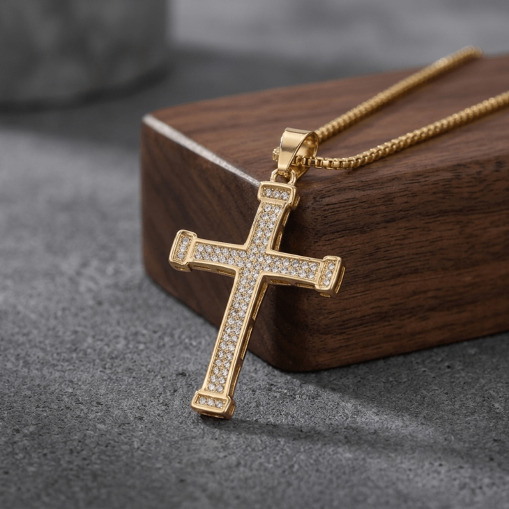 Large Zircon Cross Necklace in silver, featuring dazzling zirconia on a wooden display