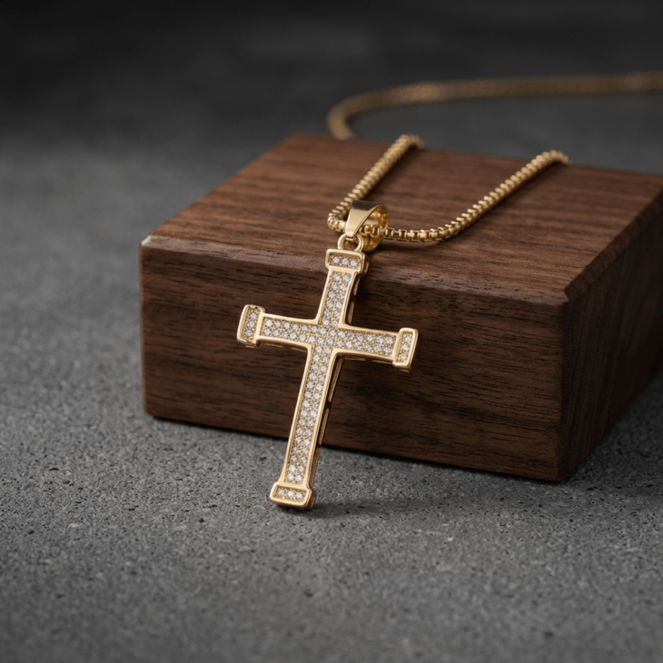 Large Zircon Cross Necklace in silver displayed on a dark stone surface
