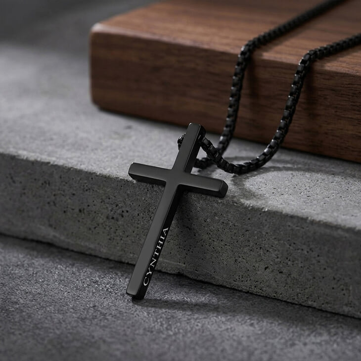 Men's Black Cross Necklace with elegant name engraving and bold design