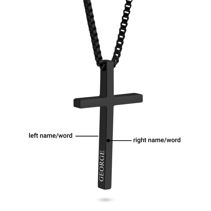 Men's Black Cross Necklace featuring personalized engraving on the cross design