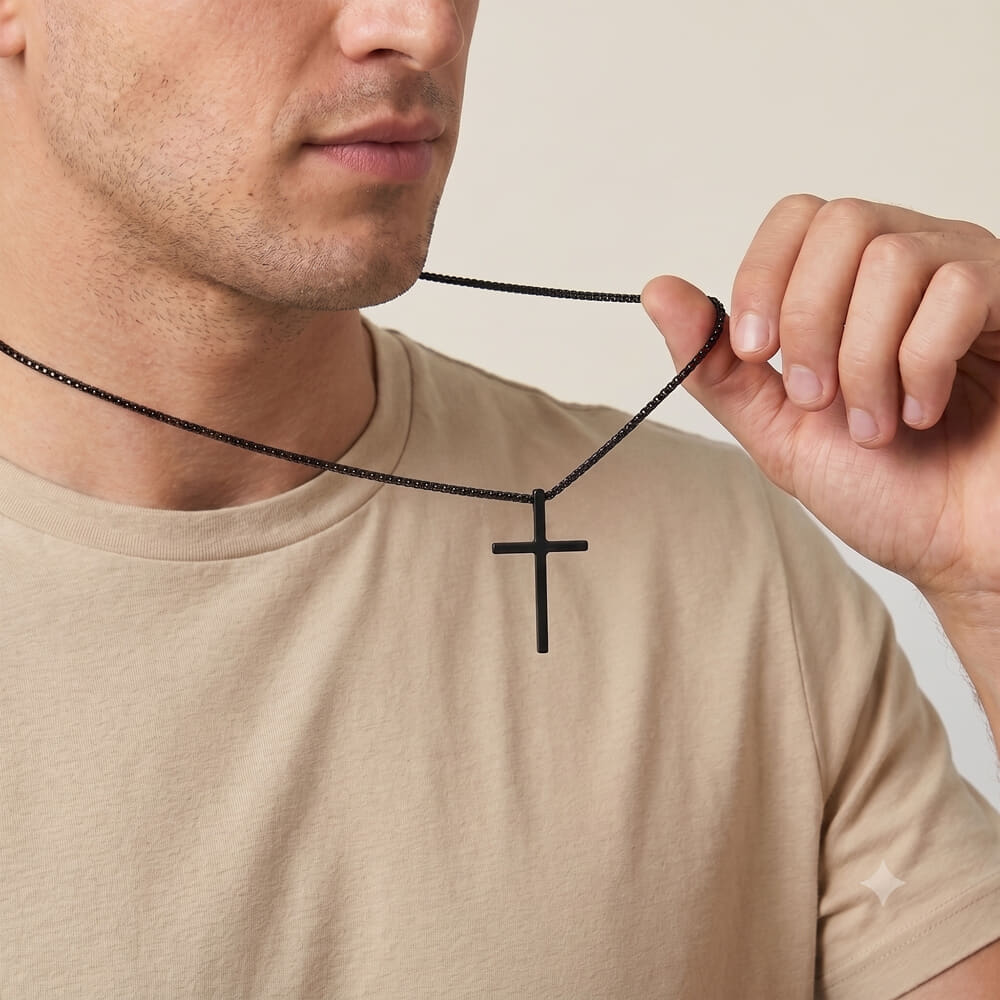 Model displaying Men's Black Cross Necklace with name engraving in everyday look