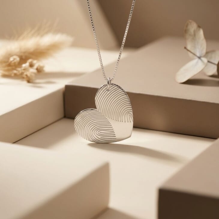 Personalized Double Fingerprint Heart Necklace resting on a soft surface with subtle textures.