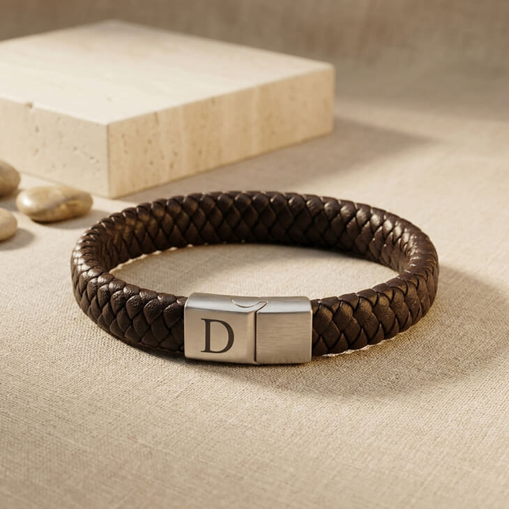 Men's Custom Initial Leather Bracelet featuring an engraved silver clasp against a textured backdrop