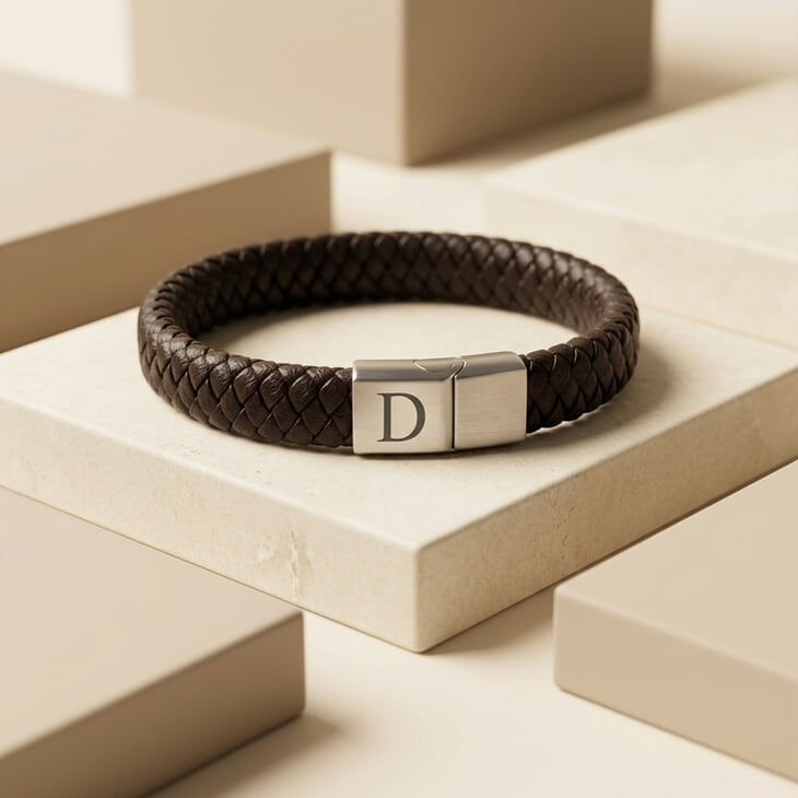 Men's Custom Initial Leather Bracelet with a braided design and silver clasp against a neutral backdrop