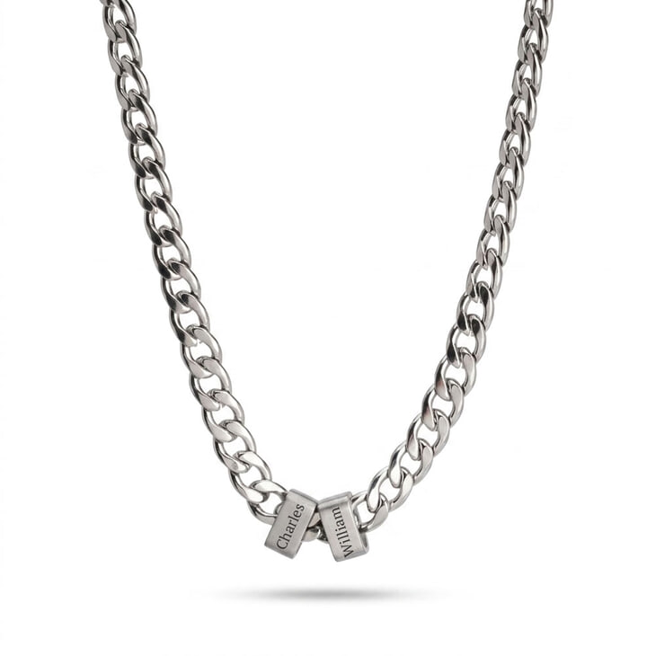 Personalized engraved beaded Cuban chain necklace in polished silver finish