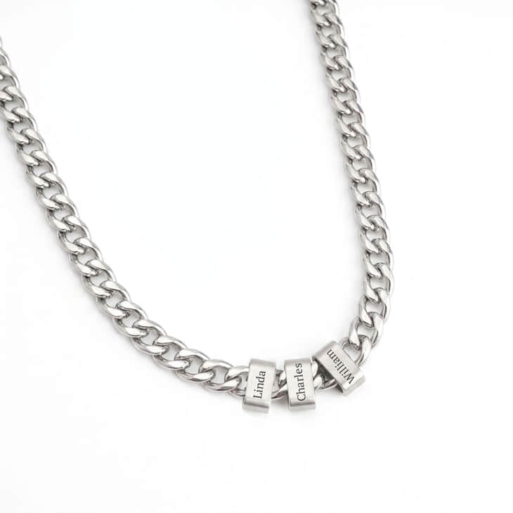 Silver personalized engraved beaded Cuban chain necklace with three name beads