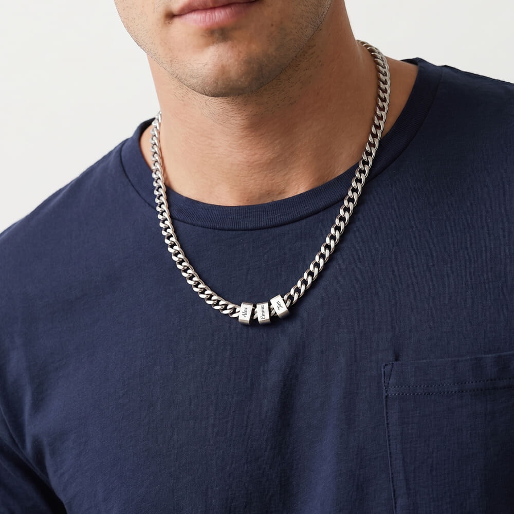 Model wearing a personalized engraved beaded Cuban chain necklace with a casual vibe