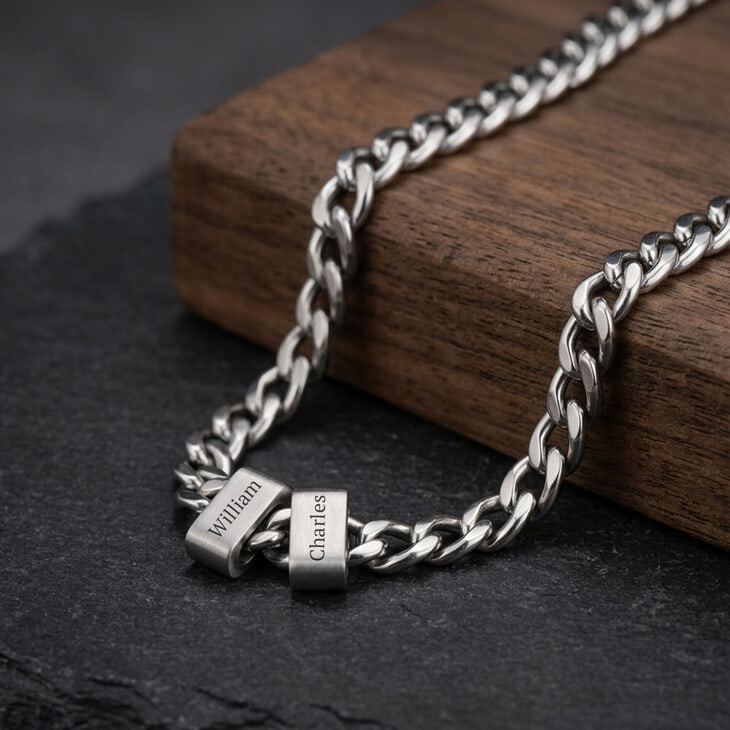 Model showcasing the personalized engraved beaded Cuban chain necklace with a stylish look