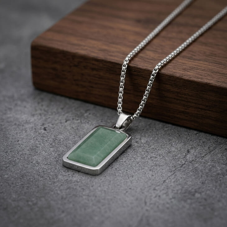 Men’s Green Aventurine Dog Tag Necklace with silver frame and green stone