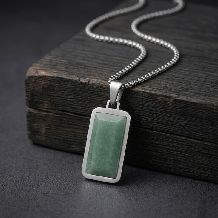 Men’s Green Aventurine Dog Tag Necklace with sleek silver box chain