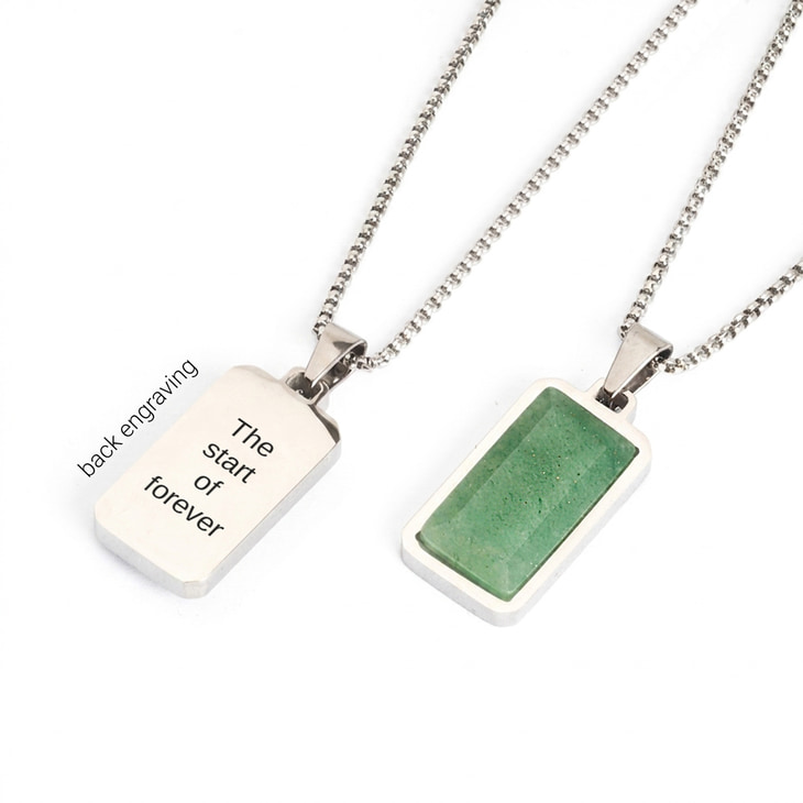 Men's Green Aventurine Dog Tag Necklace with engraved silver back and green stone