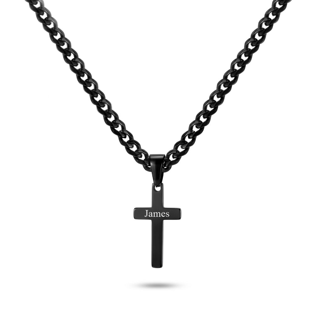 Engraved Black Stainless Steel Cross Necklace
