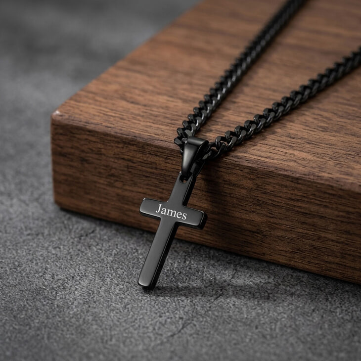 Engraved black stainless steel cross necklace on a wooden surface
