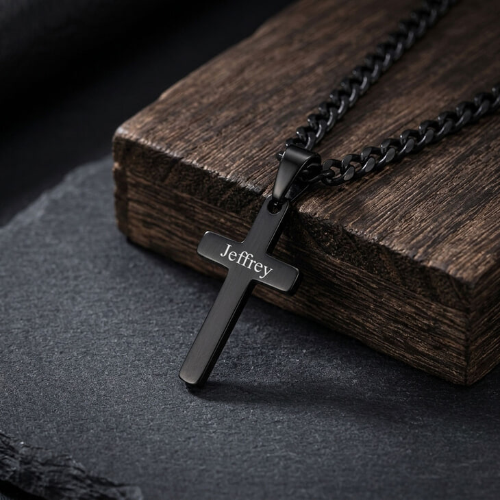 Engraved silver cross necklace resting on a dark wooden surface