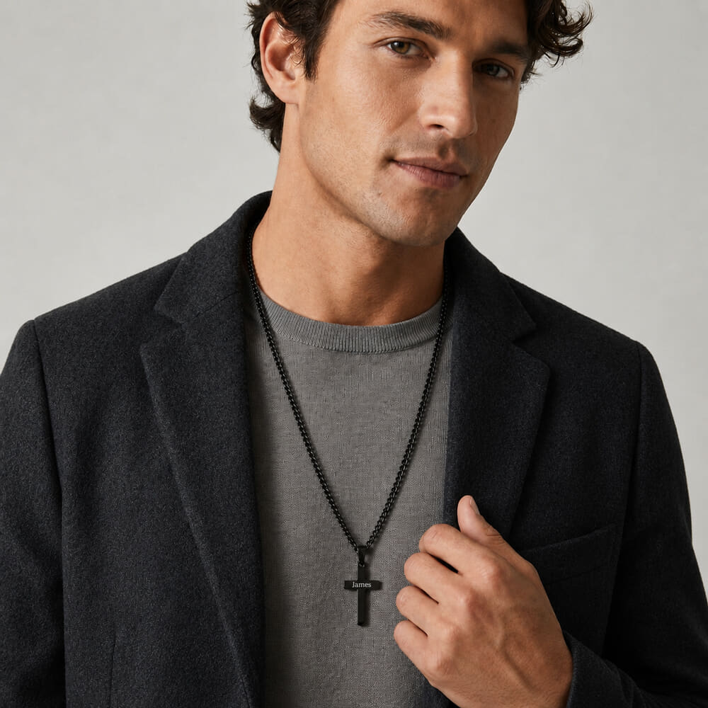 Engraved Black Stainless Steel Cross Necklace
