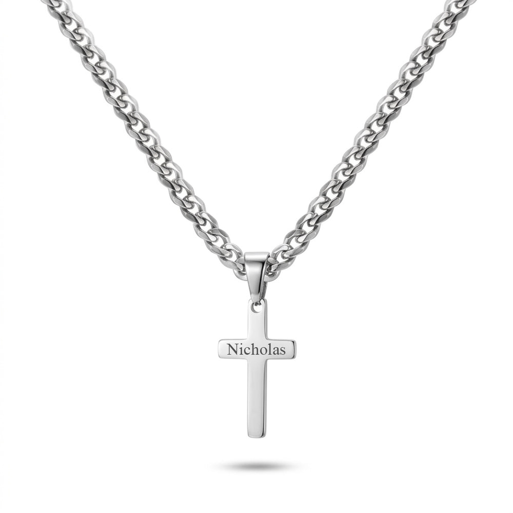 Curb Chain Cross Necklace with Custom Name - Silver