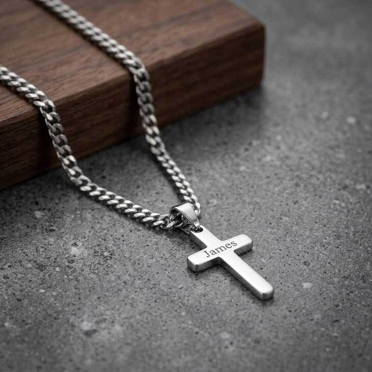 Silver Custom Cross Necklace with curb chain on a wooden surface